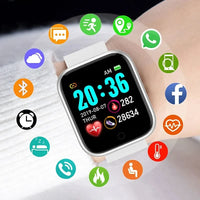 Smartwatch mit weißem Armband, Fitness-Tracker, Herzfrequenzanzeige, bunte Icons, Touchscreen.