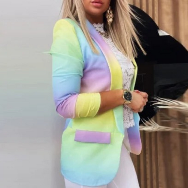 Farbige Damenblazer mit Schmetterlingsdruck, modisch, elegant, für Frühling und Sommer.