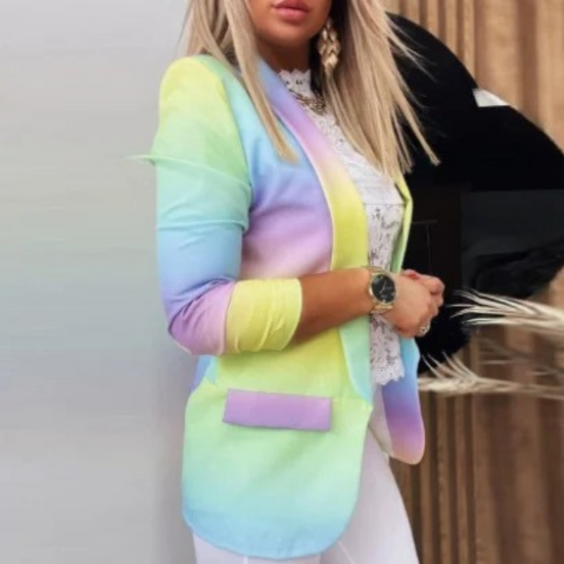 Farbige Damenblazer mit Schmetterlingsdruck, modisch, elegant, für Frühling und Sommer.