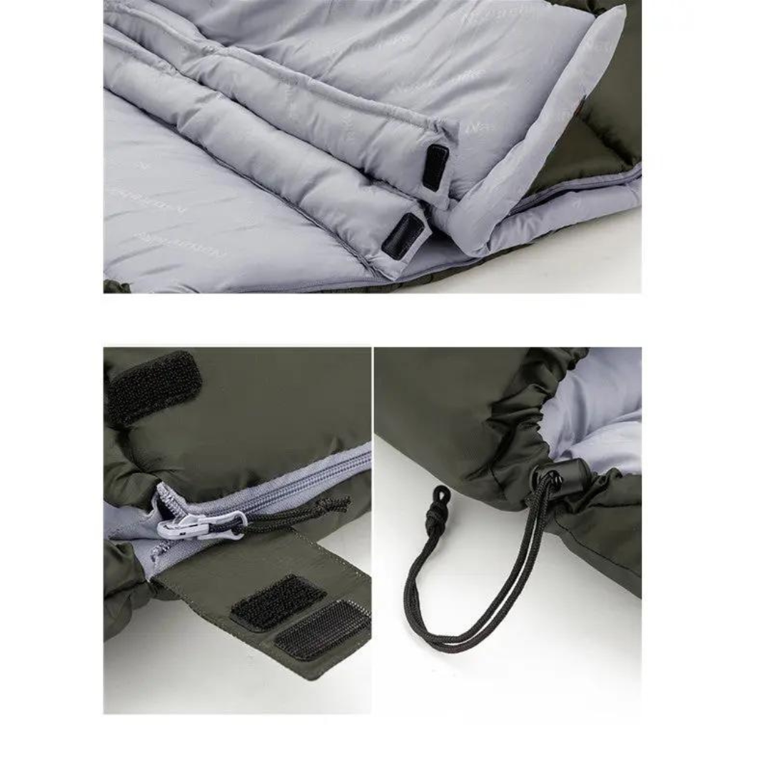 Grüner Schlafsack mit Reißverschluss, Kordelzug und Klettverschluss, isoliert, Outdoor-Camping.