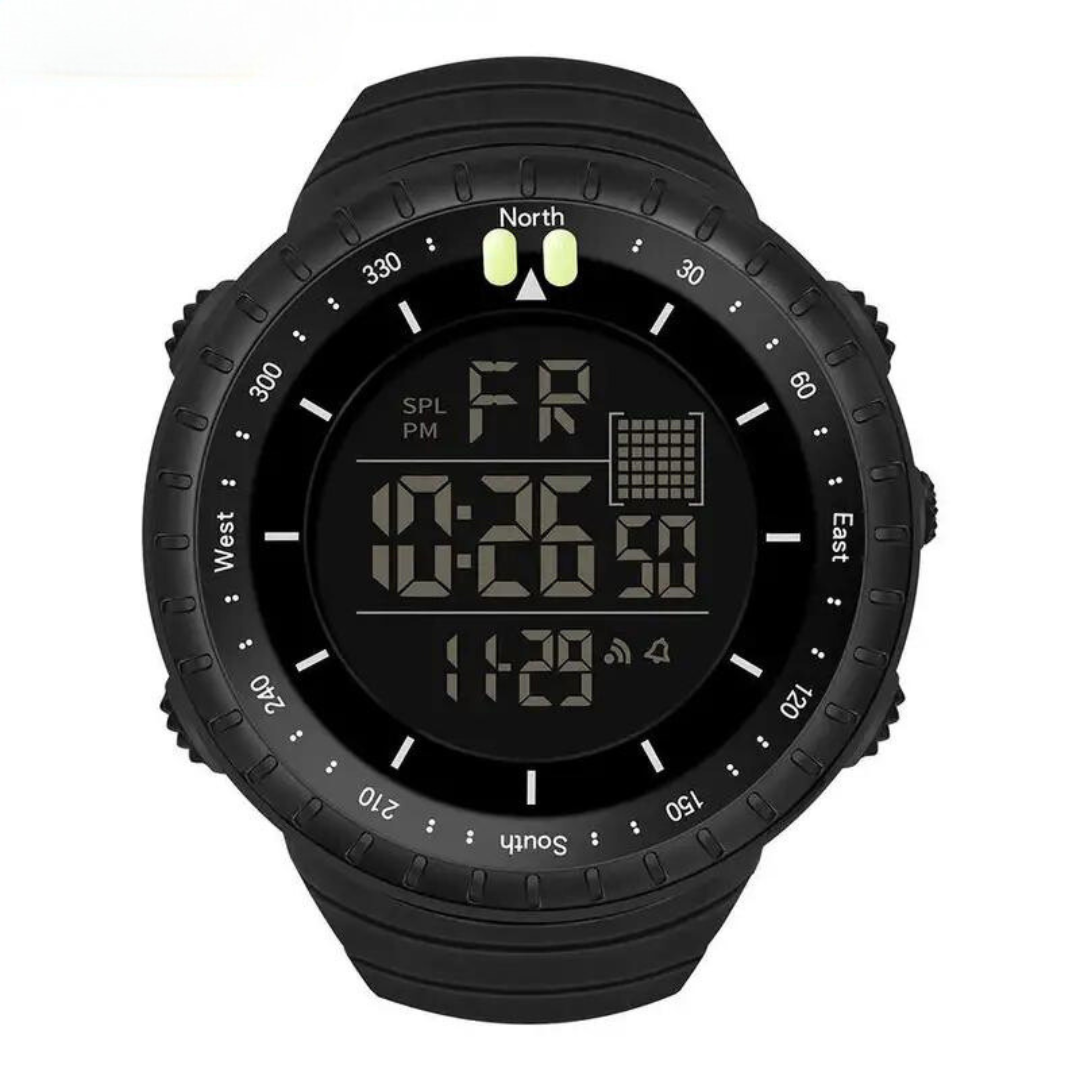Schwarze digitale Armbanduhr mit Kompass, Stoppuhr und Kalenderanzeige, sportliches Design.