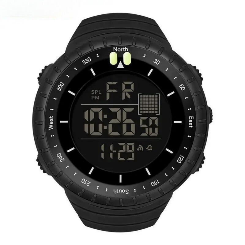 Schwarze digitale Armbanduhr mit Kompass, Stoppuhr und Kalenderanzeige, sportliches Design.