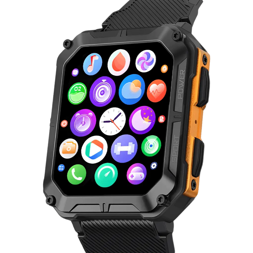 Robuste Smartwatch mit Herzfrequenzmesser, Schrittzähler, schwarzes Gehäuse, Outdoor geeignet.