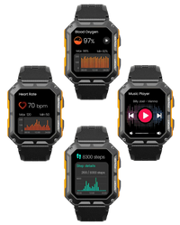 Robuste Smartwatch mit Herzfrequenzmesser, Schrittzähler, Musikplayer, schwarz-orange Design.