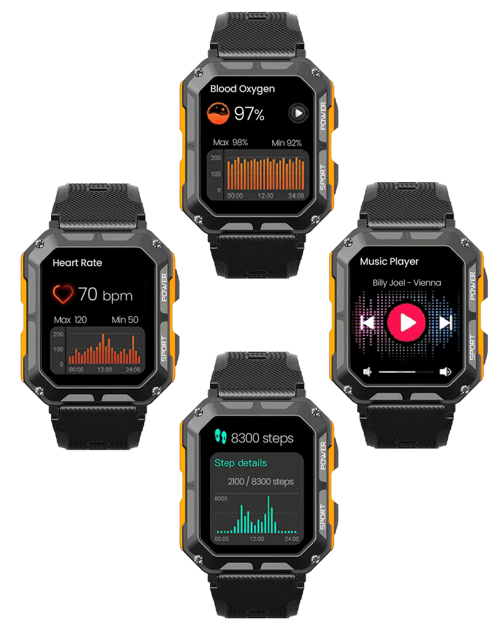 Robuste Smartwatch mit Herzfrequenzmesser, Schrittzähler, Musikplayer, schwarz-orange Design.