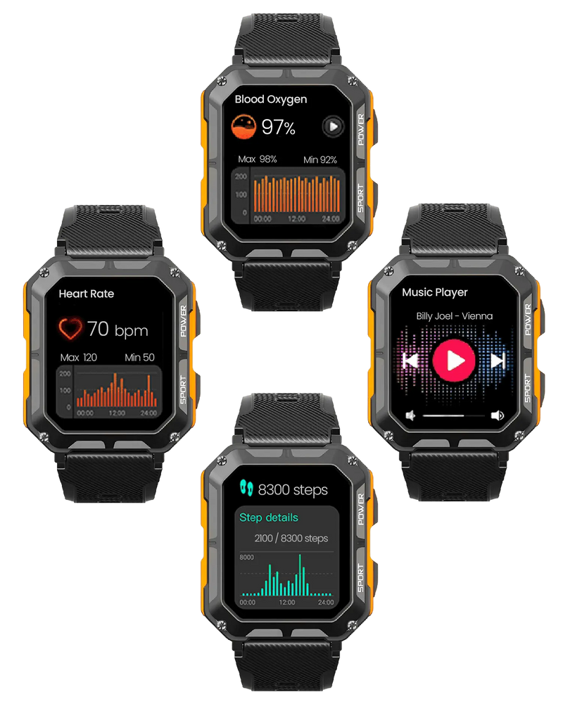 Robuste Smartwatch mit Herzfrequenzmesser, Schrittzähler, Musikplayer, schwarz-orange Design.