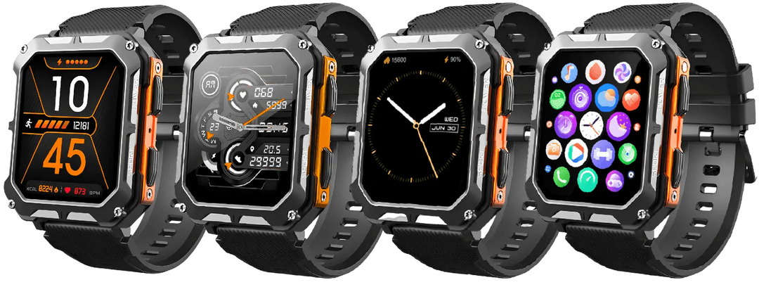 Unzerstörbare Smartwatch, schwarz-orange, Herzfrequenzmesser, Schrittzähler, robustes Design.
