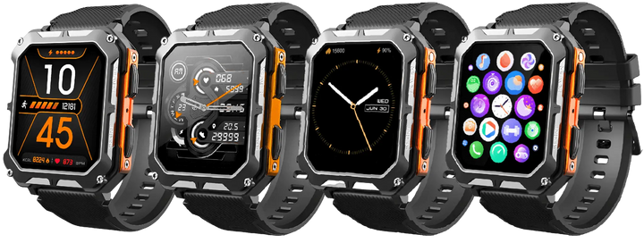 Unzerstörbare Smartwatch, schwarz-orange, Herzfrequenzmesser, Schrittzähler, robustes Design.