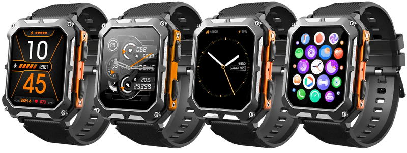 Unzerstörbare Smartwatch, schwarz-orange, Herzfrequenzmesser, Schrittzähler, robustes Design.