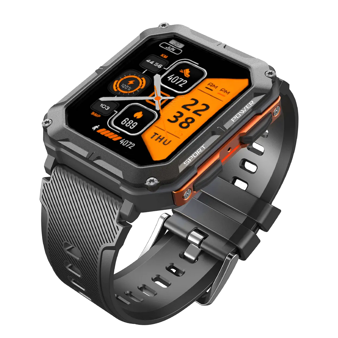 Robuste Smartwatch mit Herzfrequenzmesser, Schrittzähler, schwarz-orange, Outdoor geeignet.