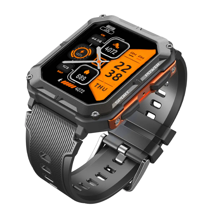 Robuste Smartwatch mit Herzfrequenzmesser, Schrittzähler, schwarz-orange, Outdoor geeignet.