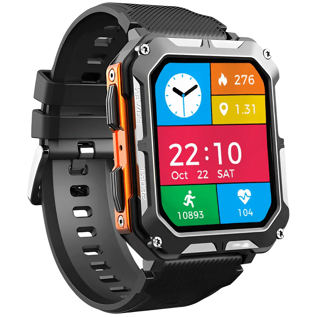 Robuste Smartwatch mit Herzfrequenzmesser, Schrittzähler, schwarz-orange, Outdoor geeignet.