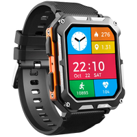 Robuste Smartwatch mit Herzfrequenzmesser, Schrittzähler, schwarz-orange, Outdoor geeignet.