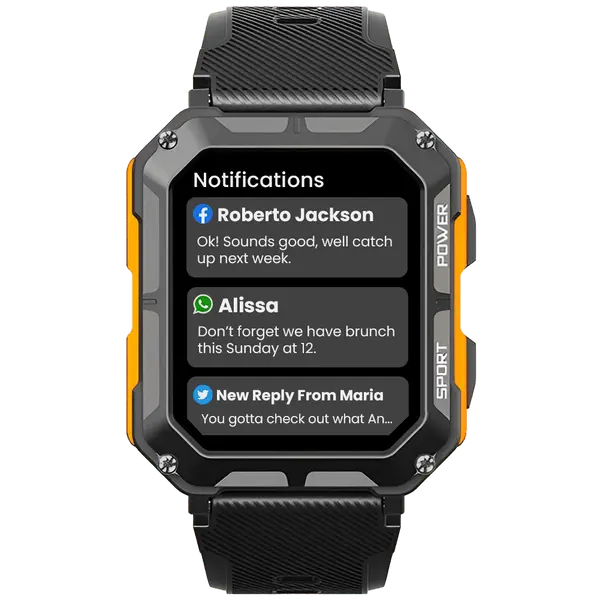Robuste Smartwatch mit Herzfrequenzmesser, Schrittzähler, schwarz-orange, Outdoor geeignet.