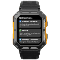 Robuste Smartwatch mit Herzfrequenzmesser, Schrittzähler, schwarz-orange, Outdoor geeignet.
