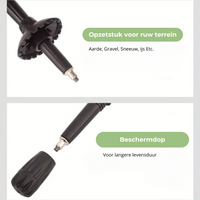 Opzetstuk en beschermdop voor wandelstok, geschikt voor ruw terrein, zwart, duurzaam materiaal.