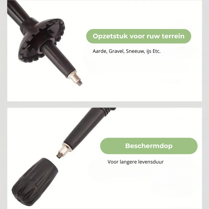 Opzetstuk en beschermdop voor wandelstok, geschikt voor ruw terrein, zwart, duurzaam materiaal.