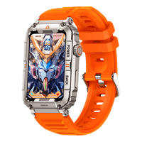 Orange Smartwatch mit Metallgehäuse, Silikonarmband, digitalem Display, futuristisches Design.