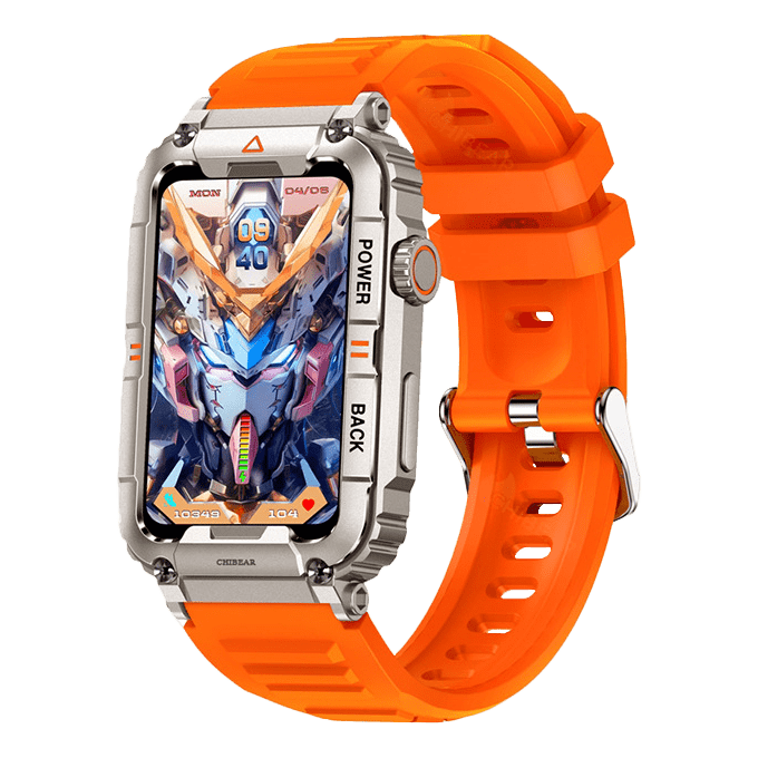 Orange Smartwatch mit Metallgehäuse, Silikonarmband, digitalem Display, futuristisches Design.