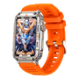 Orange Smartwatch mit Metallgehäuse, Silikonarmband, digitalem Display, futuristisches Design.
