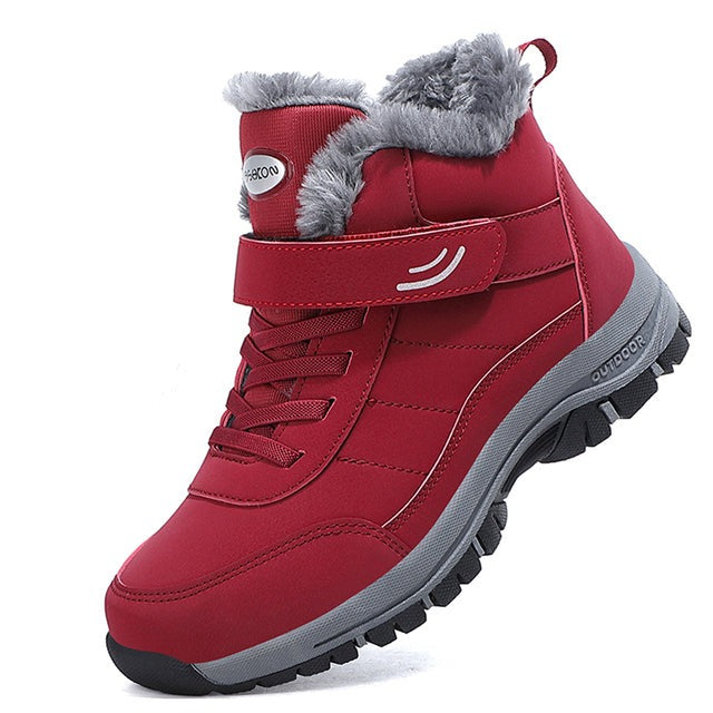 Rote wasserdichte Damen-Winterstiefel, Leder, rutschfest, warm gefüttert, Outdoor-Sneaker.