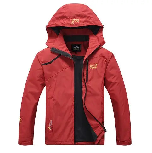 Rote Outdoorjacke mit Kapuze, wasserdicht, Herrenmode, Frühling, atmungsaktiv, winddicht.