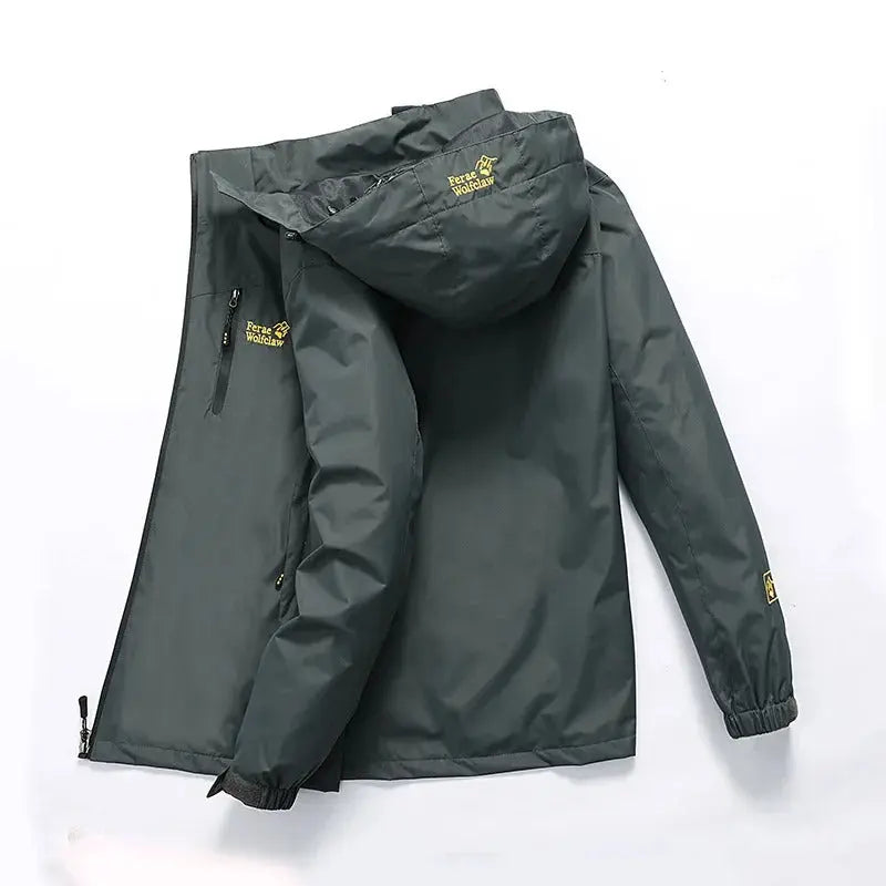 Dunkelgrüne Outdoorjacke mit Kapuze, wasserdicht, Herren, Frühling, atmungsaktiv, langlebig.
