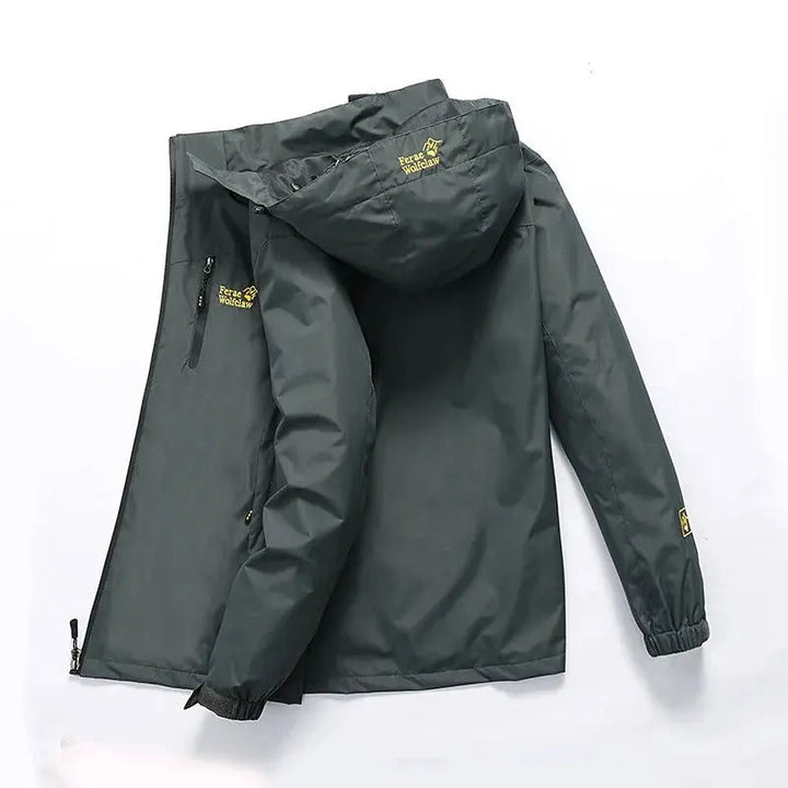 Dunkelgrüne Outdoorjacke mit Kapuze, wasserdicht, Herren, Frühling, atmungsaktiv, langlebig.
