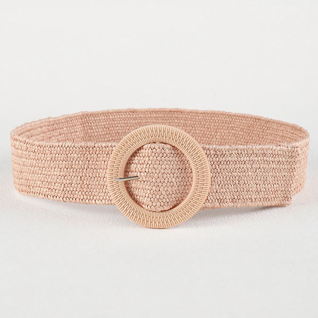 Rosa gewebter Gürtel mit runder Schnalle, Damenmode Accessoire, elegant und stilvoll.