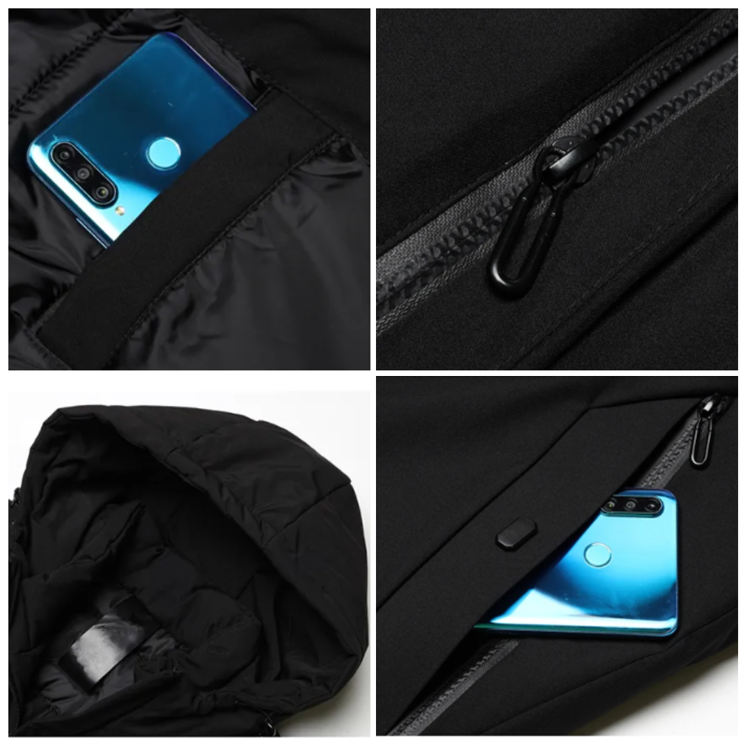 Schwarze Jacke mit Reißverschlusstaschen, Kapuze und Smartphone-Fach, wasserabweisend.