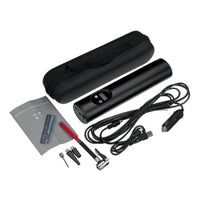 Tragbare elektrische Luftpumpe schwarz, USB-Ladekabel, Aufsätze, Tragetasche, Anleitung.