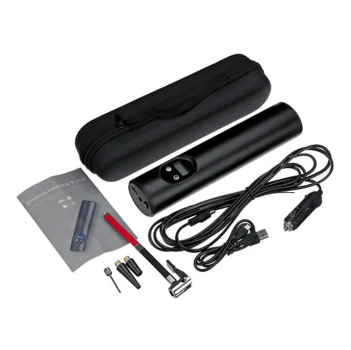 Tragbare elektrische Luftpumpe schwarz, USB-Ladekabel, Aufsätze, Tragetasche, Anleitung.