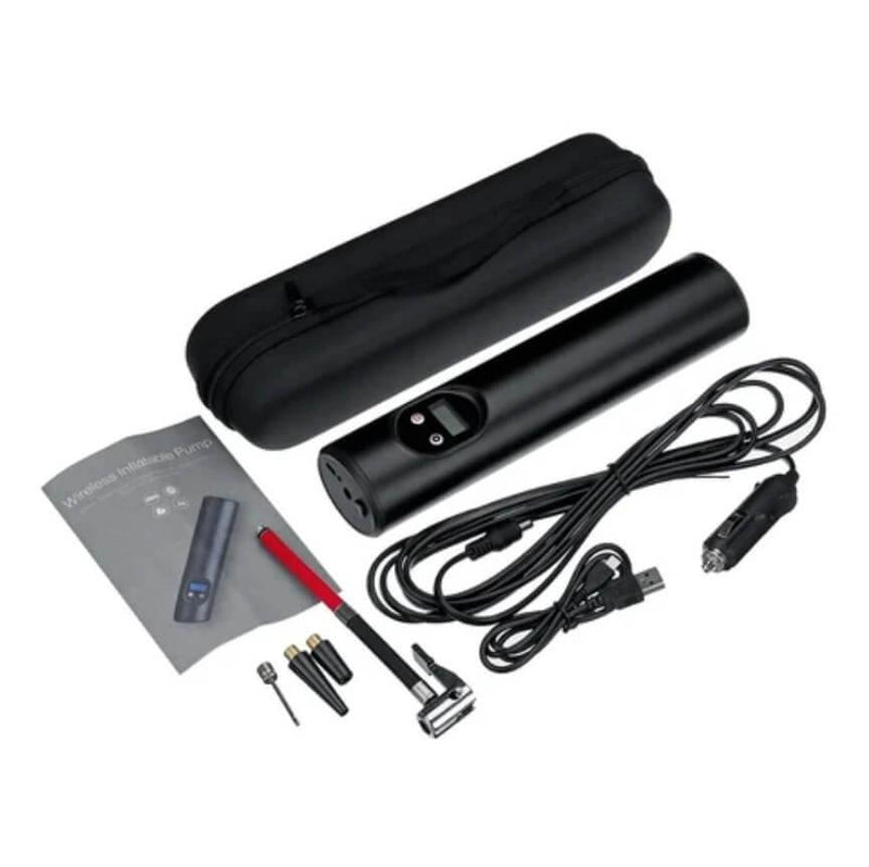 Tragbare elektrische Luftpumpe schwarz, USB-Ladekabel, Aufsätze, Tragetasche, Anleitung.