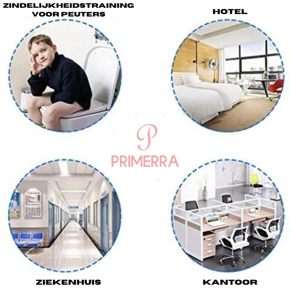 Vier Szenen: Kleinkind auf Toilette, Hotelzimmer, Krankenhausflur, Büroarbeitsplatz.