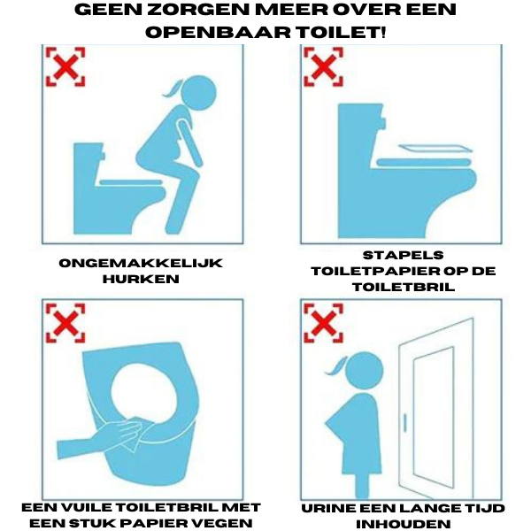 Illustration von Toilettenproblemen: unbequemes Hocken, schmutzige Brille, Papierstapel, Urin zurückhalten.