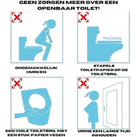 Illustration von Toilettenproblemen: unbequemes Hocken, schmutzige Brille, Papierstapel, Urin zurückhalten.