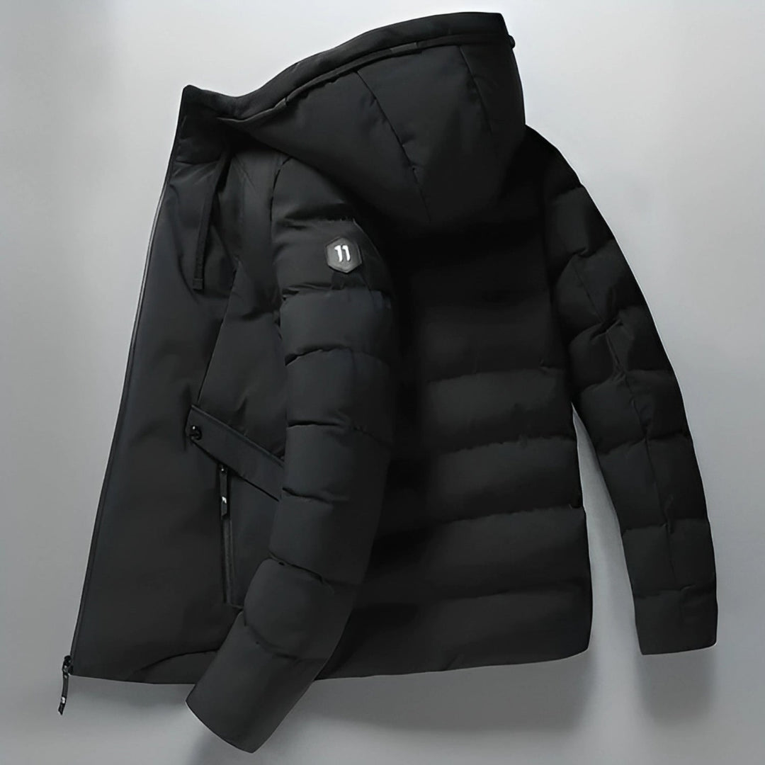 Schwarze Winterparka mit Kapuze, gesteppte Daunenjacke, warm, wasserabweisend, Herrenmode.
