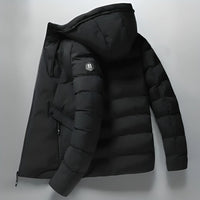 Schwarze Winterparka mit Kapuze, gesteppte Daunenjacke, warm, wasserabweisend, Herrenmode.