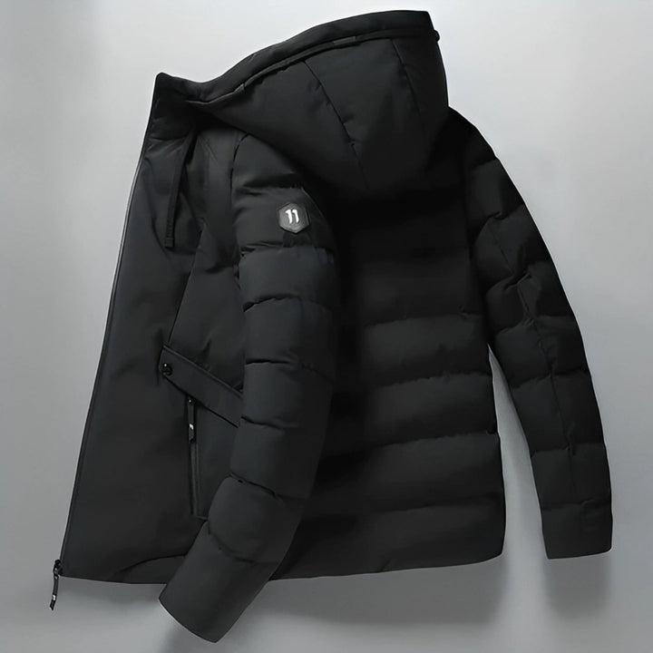 Schwarze Winterparka mit Kapuze, gesteppte Daunenjacke, warm, wasserabweisend, Herrenmode.