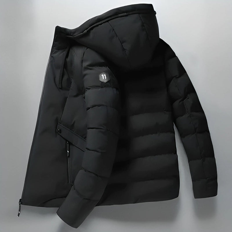 Schwarze Winterparka mit Kapuze, gesteppte Daunenjacke, warm, wasserabweisend, Herrenmode.