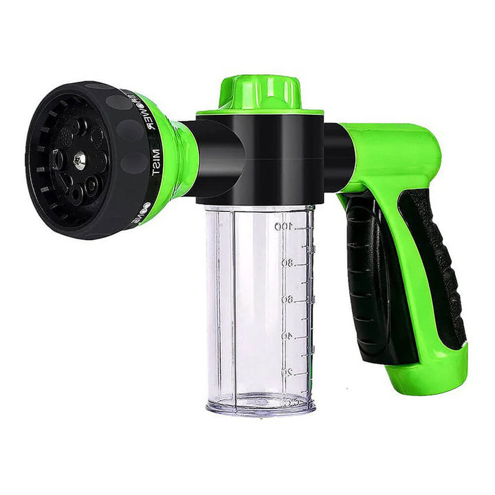 Grüner Gartenschlauch-Sprühkopf mit Seifenbehälter, verstellbar, Kunststoff.