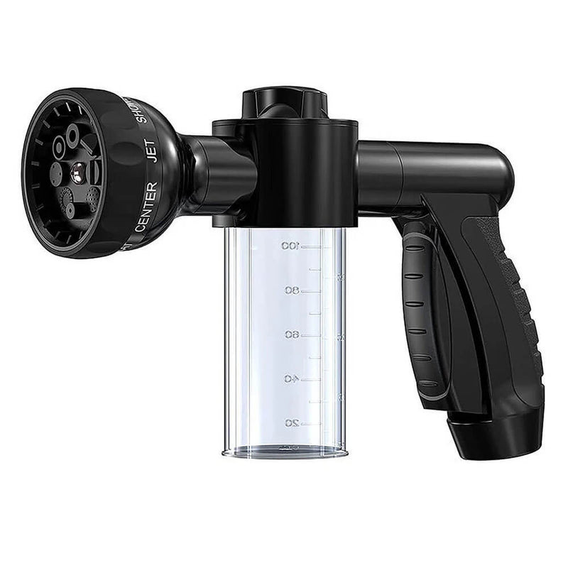 Schwarze Gartenspritze mit transparentem Behälter, multifunktional, ergonomischer Griff.