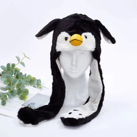 Pinguin-Mütze aus Plüsch, schwarz-weiß, mit Ohrenklappen, Winteraccessoire, Kinder, Erwachsene.