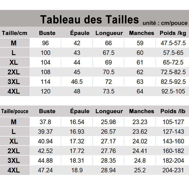 Größentabelle für Kleidung in cm und Zoll, inklusive Maße für Brust, Schulter, Länge, Ärmel, Gewicht.