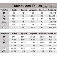 Größentabelle für Kleidung in cm und Zoll, inklusive Maße für Brust, Schulter, Länge, Ärmel, Gewicht.