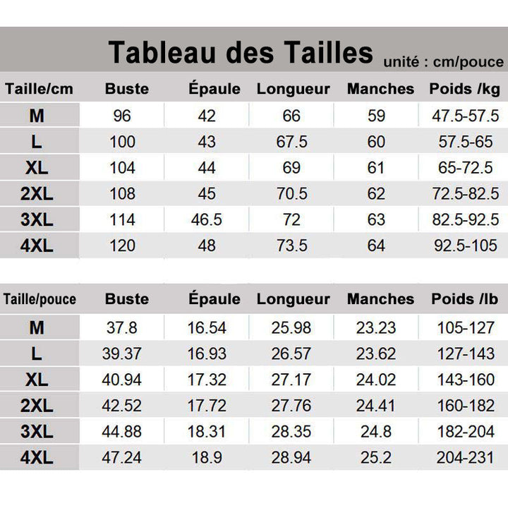 Größentabelle für Kleidung in cm und Zoll, inklusive Maße für Brust, Schulter, Länge, Ärmel, Gewicht.