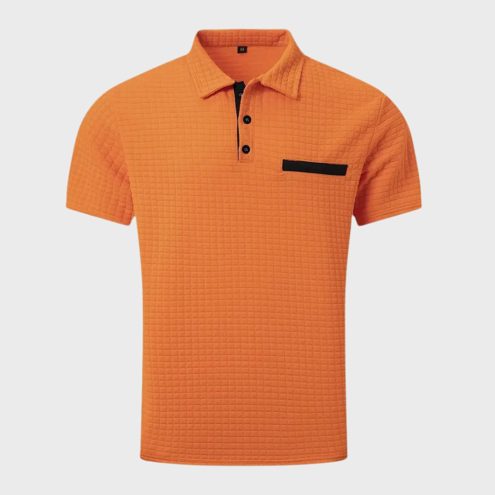 Orange Herren-Poloshirt, kurzärmelig, mit Knopfleiste und Brusttasche, Baumwollmischung.