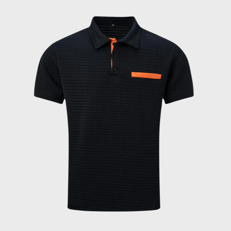 Schwarzes Herren-Poloshirt mit orangefarbenem Akzent, Kurzarm, Baumwolle, klassischer Kragen.