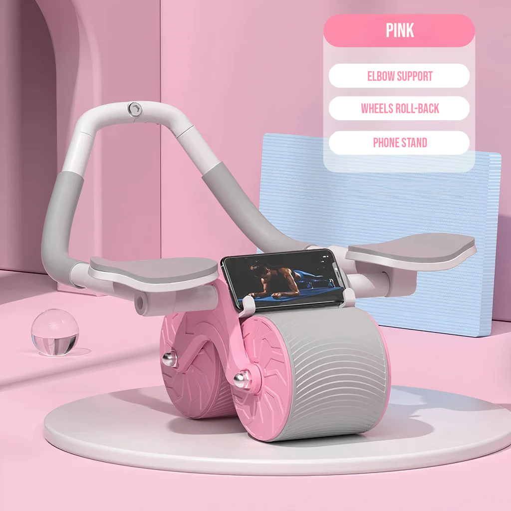 Rosa Fitnessgerät mit Ellbogenstütze, Rollrädern und Handyhalter, ideal für Heimtraining.