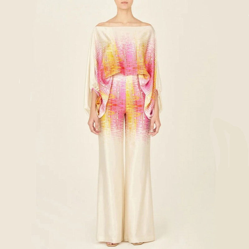 Zweiteiliges Satin-Set mit Herbstmuster – Selena